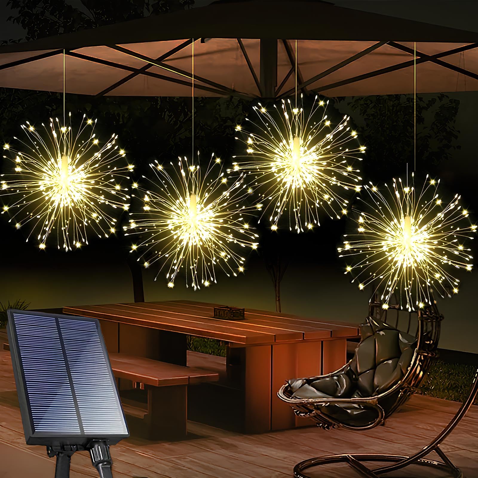 Weiongppy Luz Solar de Fuegos Artificiales,4 * 90 LEDs Fuegos Artificiales Explosivos,8 Modos Impermeables Luces Solares,para Decoración Navideña, Boda, Exterior Interior, Blanco cálido