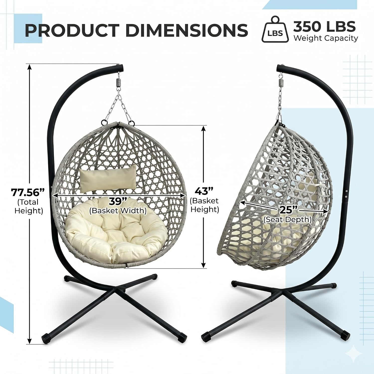 Hanging Egg Chair with Stand, Wicker Egg Swing Chair with Cushion & Headrest, Freestanding Patio Chair for Bedroom Balcony Garden, Heavy-Duty Steel Frame, 350 lbs Capacity, Grayish White image 7