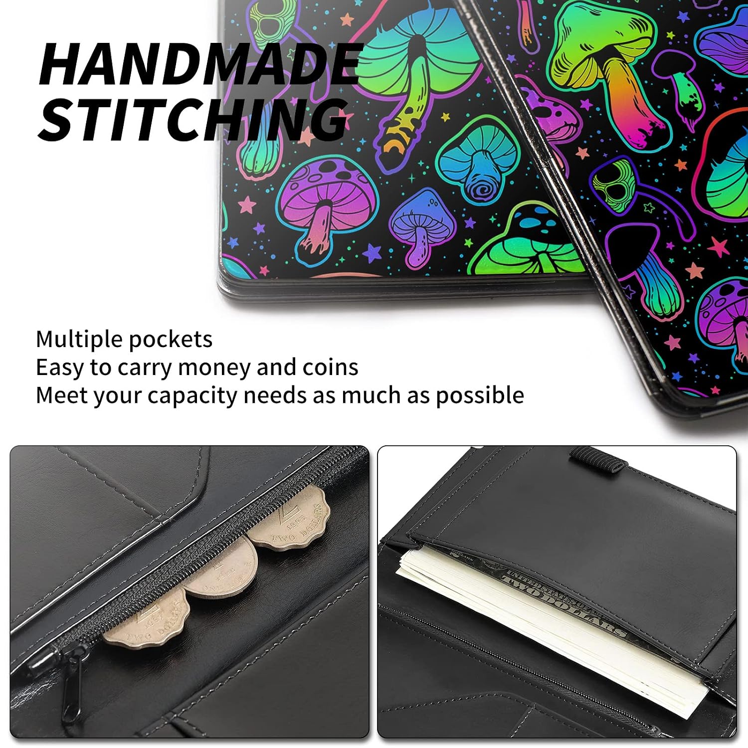 Server Book for Waitress, Leather Waiter Book Server Wallet with Zipper Pocket, Cute Waitress Book & Waitstaff Organizer with Money Pocket Fit Server Apron, Trippy Mushroom