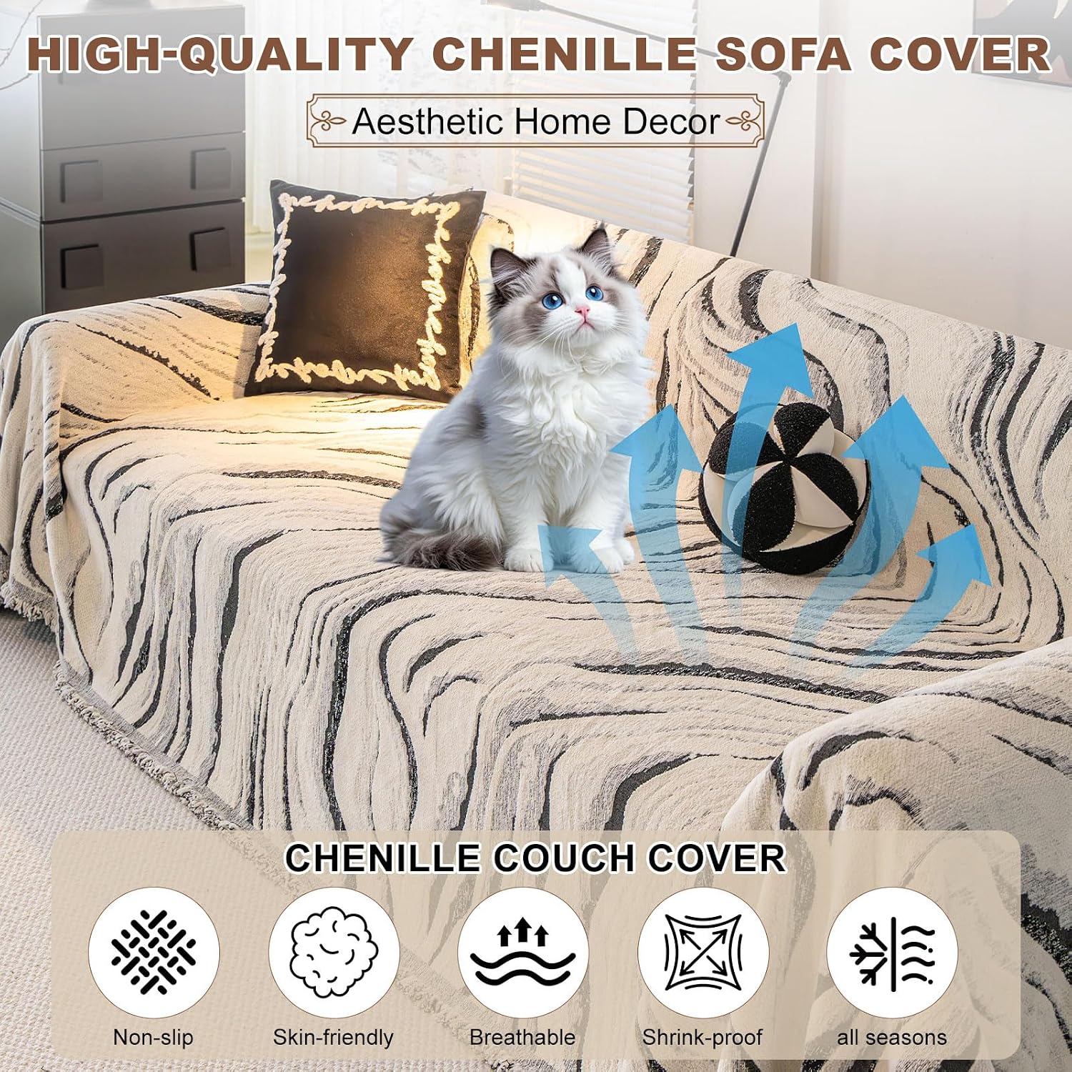 ROOMLIFE Couch Cover 3 Cushion Sofa, Washable Non Slip Furniture Sofa Protector Cover, Soft Chenille Sofa Slipcovers Sectional L Shape Dogs Couch Cover Throw Blanket with Tassels 71''X118''