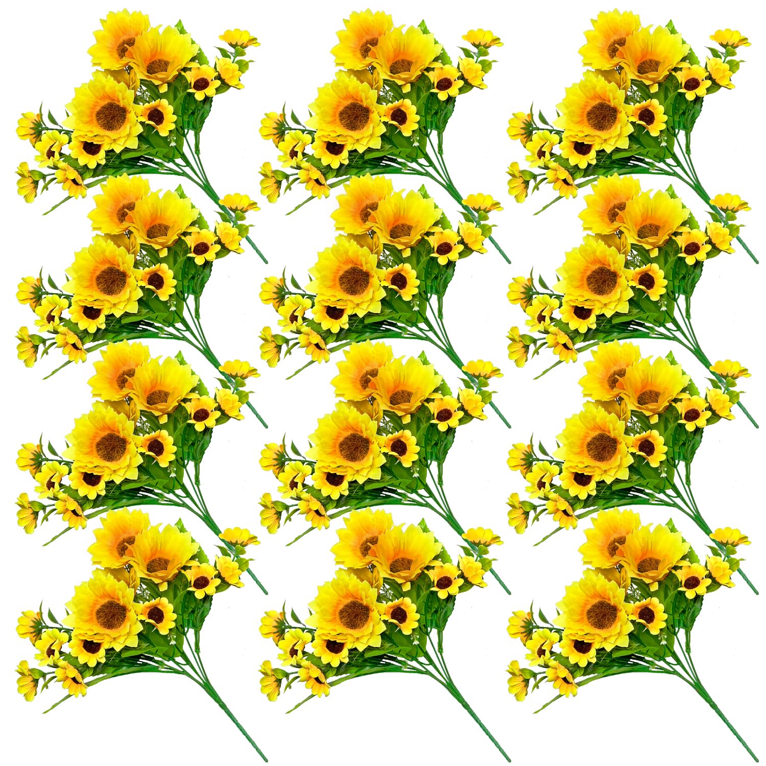 Photo 1 of ZEYGLXC 12 Pack Artificial Sunflowers Bouquets with Stems for Wedding Home Kitchen Table Birthday Decor Indoor Outdoor, Faux Sunflowers with 4 Big Sunflowers Heads 9 Small Sunflowers Heads