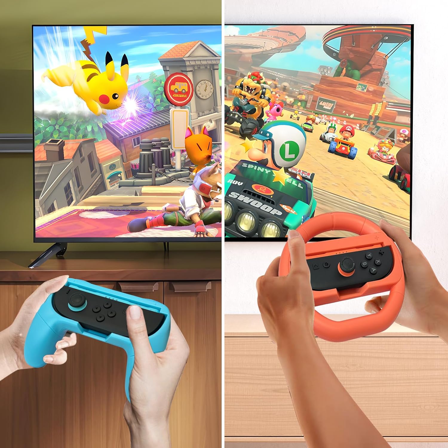 Hand Grips & Steering Wheels 4-Pack Kit for Nintendo Switch 2 (2025), Joy-Con Controller Handles for Mario Kart World/8 Deluxe Ergonomic Anti-Slip Design Family Party Accessories (Blue Orange) - Image 2