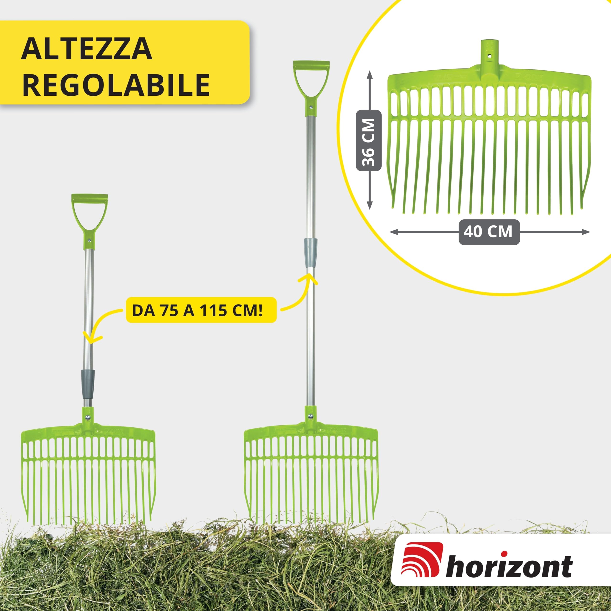 horizont forca svedese con manico in alluminio regolabile 75–115 cm – forca per letame leggera e robusta per bambini e adulti – ergonomica e resistente alle intemperie – forca per fieno