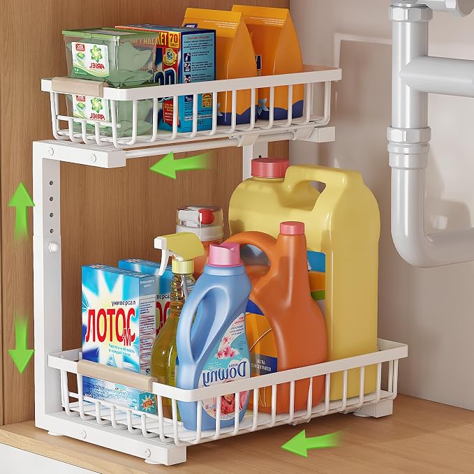 Under Sink Organizer, 5 Level Height Adjustable Pull Out Cabinet Organizer, 2 Tier Pull Out Cabinet Drawers,Metal Under Sink Storage Rack for Kitchen Bathroom Cabinet,White