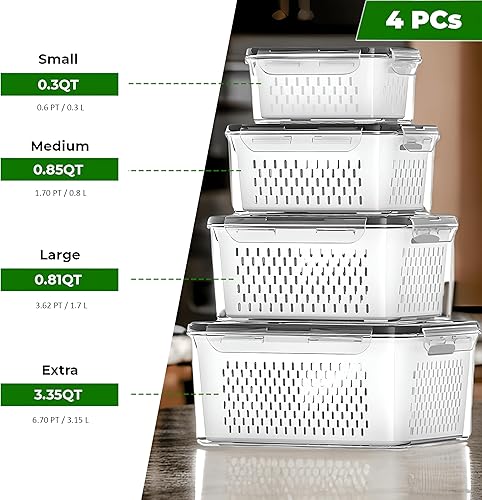 Miniatura 7 de Contenedores de almacenamiento de frutas de 4 piezas para refrigerador, colador extraíble y a prueba de fugas, aptos para lavavajillas y microondas,