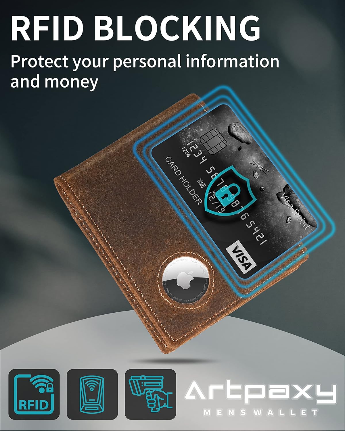 Mens Wallet With AirTag Holder, Bifold Leather RFID Blocking 1-2 ID Windows 12-13 Card Holders, Gift Box and Screen Protector Included, AirTag Not Included - Image 5