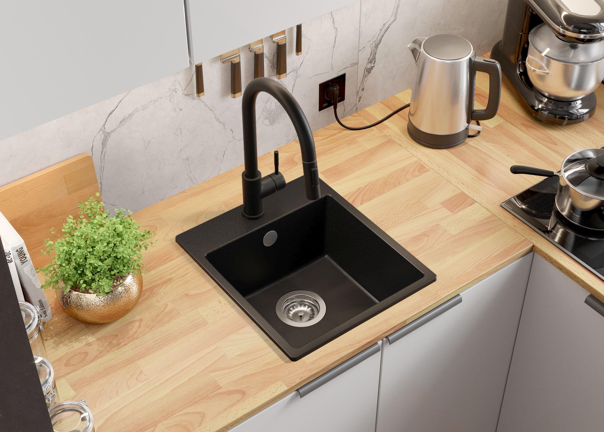 PRIMAGRAN Spülbecken Alles Schwarz - Riga Easy, 38x44cm | Granitspüle 1 Becken + Ablauf-Set, Küchenspüle ab 40er Unterschrank (S007)