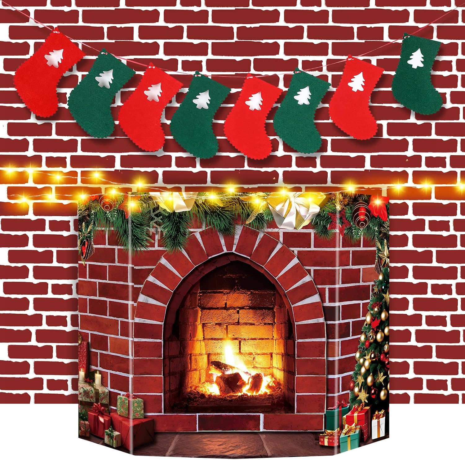 Fullhawl 4 Pcs 3D Christmas Fake Cardboard Fireplace Decoration with 30 LED String Light, Brick Wall Backdrop and Christmas Stockings Felt Banner for Xmas Party Supply Background Decorative