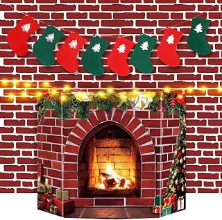 4 Pcs 3D Christmas Fake Cardboard Fireplace Decoration with 30 LED String Light, Brick Wall Backdrop and Christmas Stockings Felt Banner for Xmas Party Supply Background Decorative