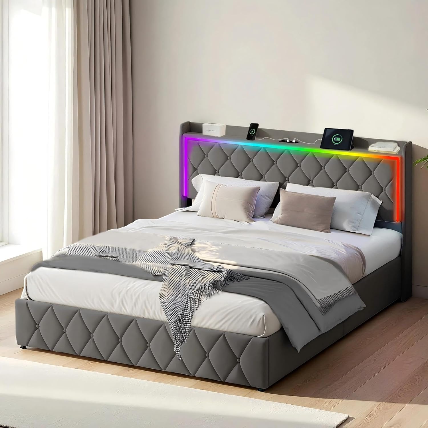 Queen Bed Frame Lift Up Storage, LED Bed Frame with Headboard,Hydraulic Support,Charging Station, No Noise, Upholstered Fabric Platform Bed, No Box Spring Needed (Grey, Queen (U.S. Standard))