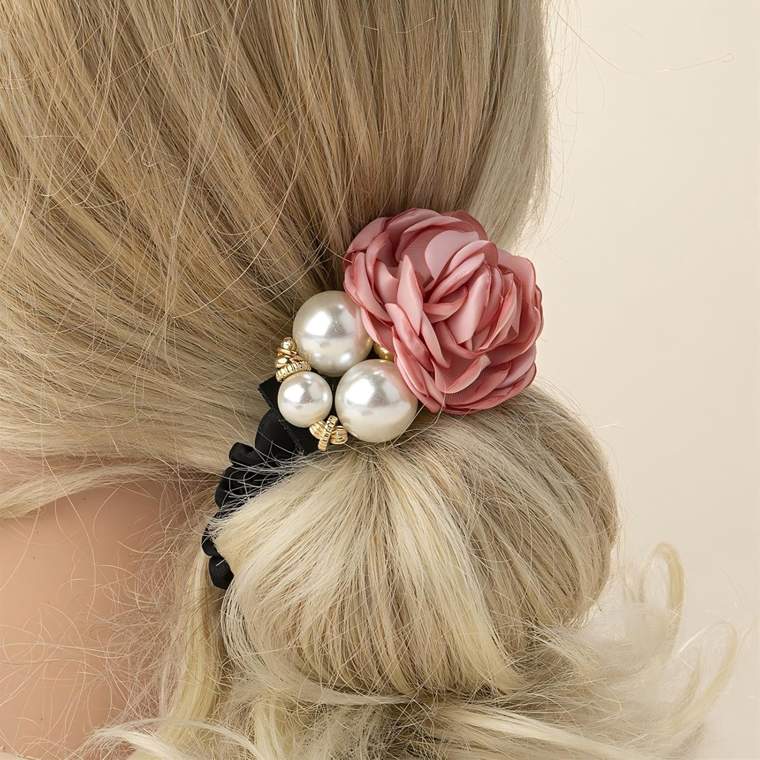 Flower hair scrunchies, Rose Pearl Hair Ties 12PCS, Rose Flower Rhinestone Black Elastic Hair, Pearl Hair, Bands Ponytail Holder Handmade.
