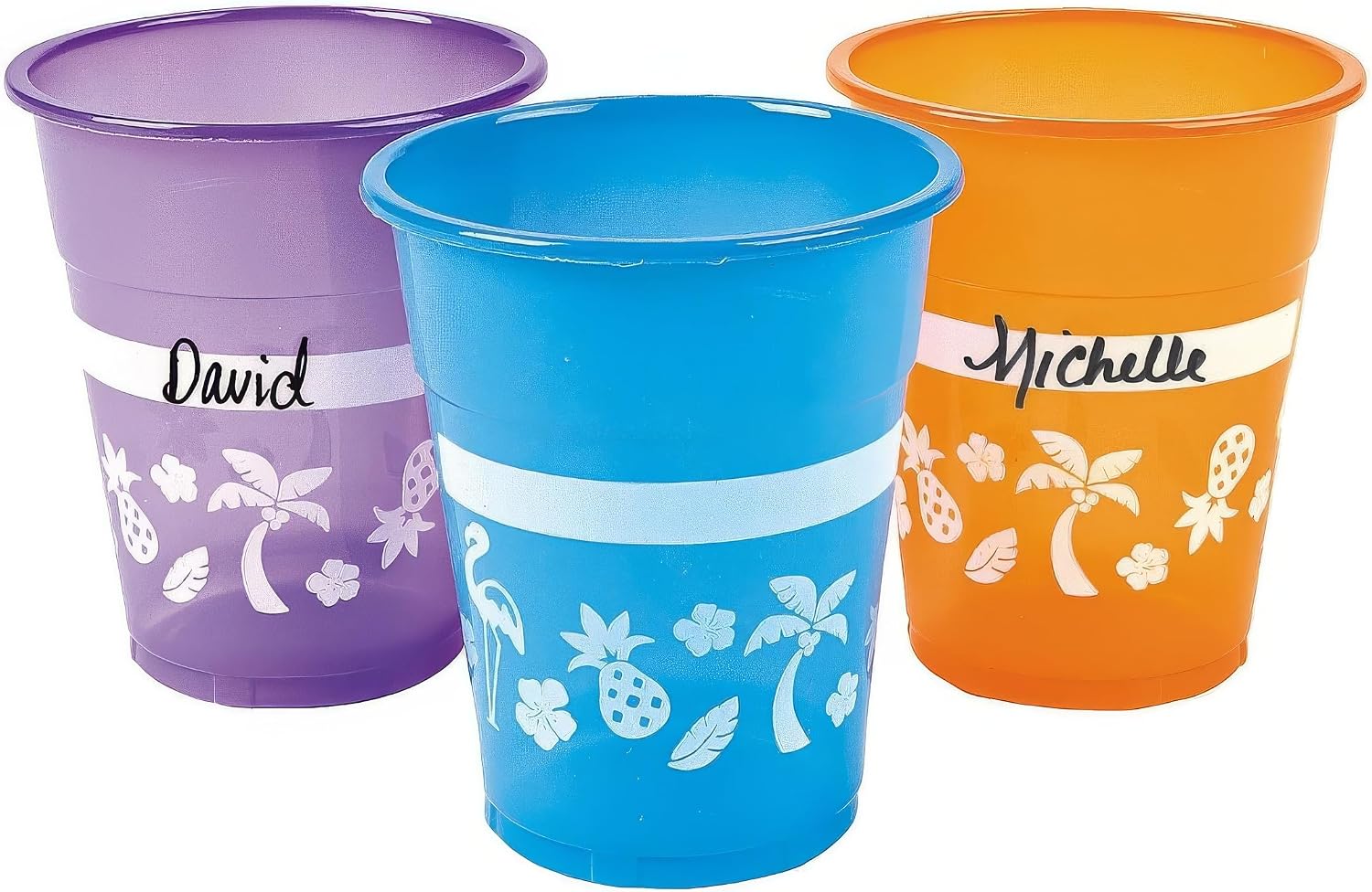 Fun Express 16 oz. Bulk 50 Ct. Luau Palm Tree, Pineapple & Flamingo Colored Disposable Plastic Cups