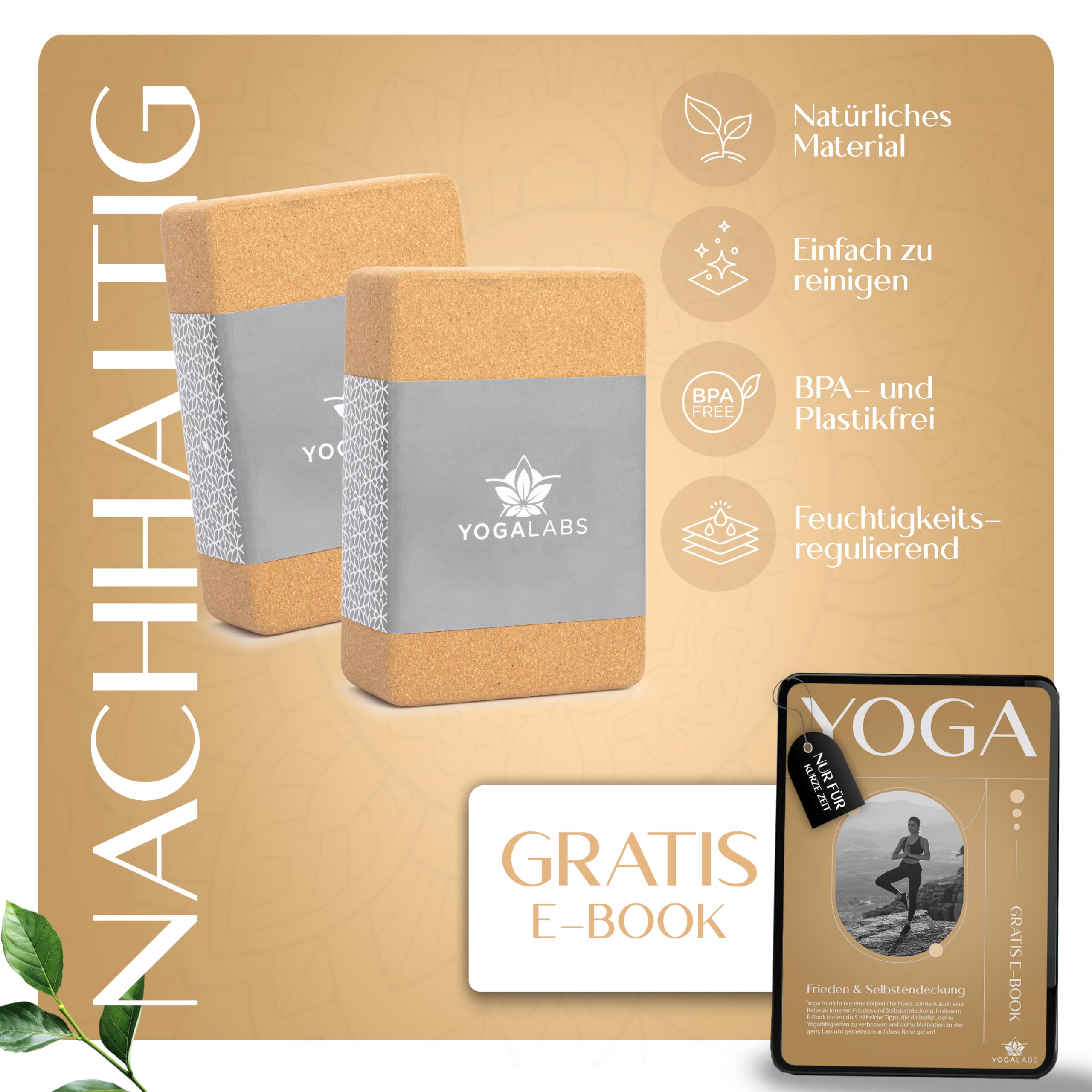 Premium Yoga Block (22,5x15,0x7,5) aus nachhaltigem Natur-Kork hautfreundlich - Yogablock & Meditation Zubehör für Rücken, Streching & Sitzen rutschfest - Yoga-Blöcke schadstofffrei
