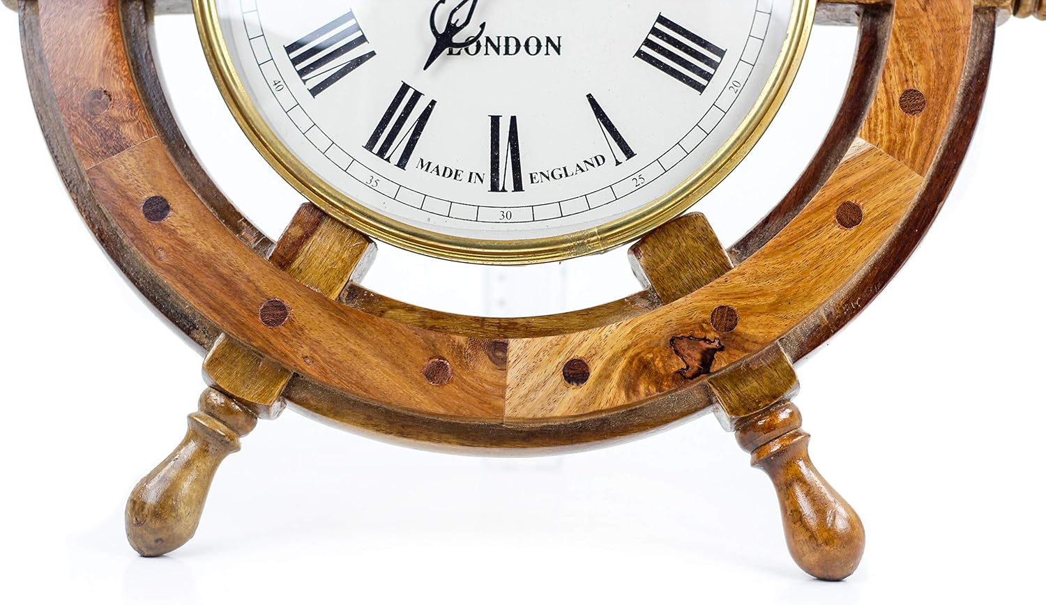 18" Nautical Ship Wheel with 8" Quartz Clock | Pirate's Home Decor Hanging Stuff | Coastal Beach Themed Wall Hanging Accessory | Retired Naval Officer Maritime Gift