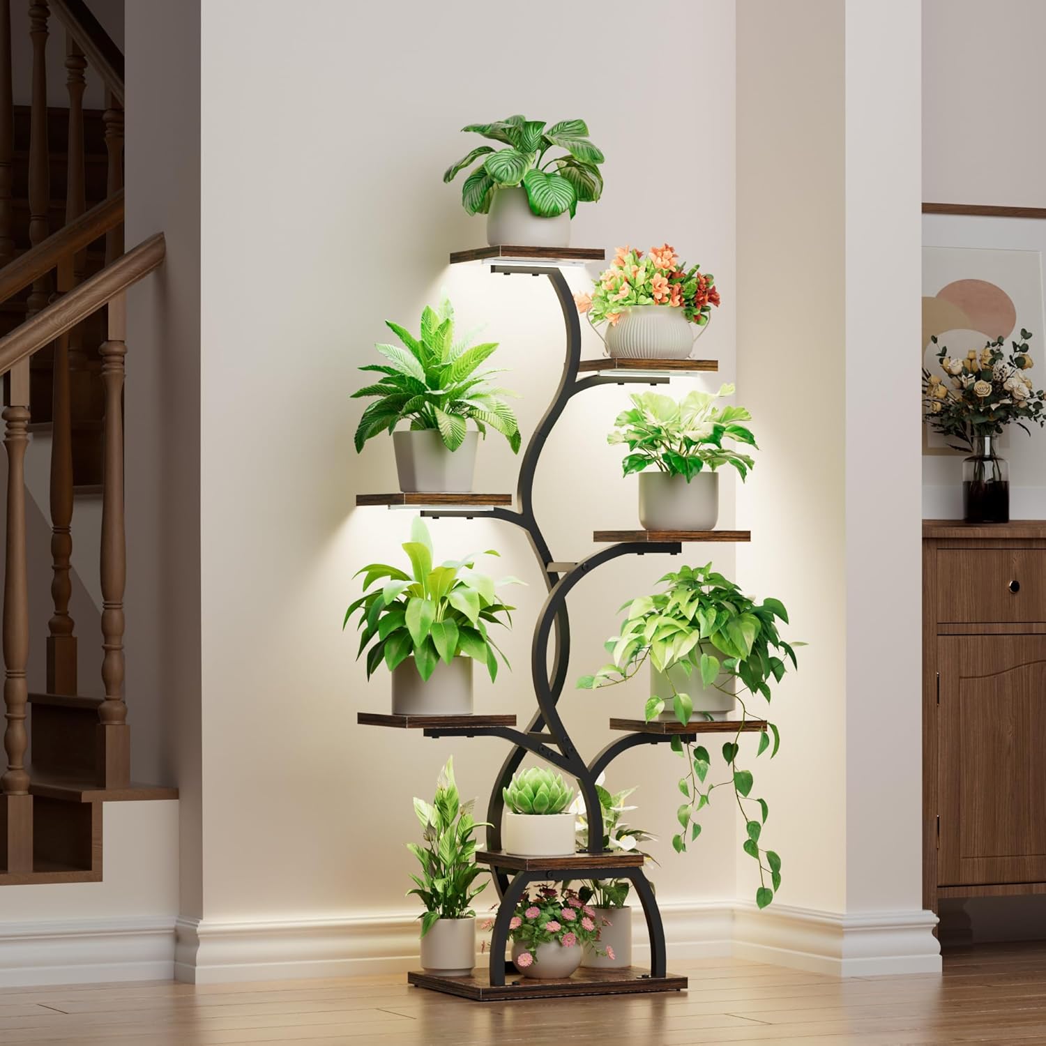 Plant Stand Indoor with Grow Light - 8 Tiered Plant Shelf Indoor, Corner Plant Stand, 49 Tall Plant Shelf with Lights for Indoor Growing, Lighted Flower Holder for Living Room, Balcony, Black