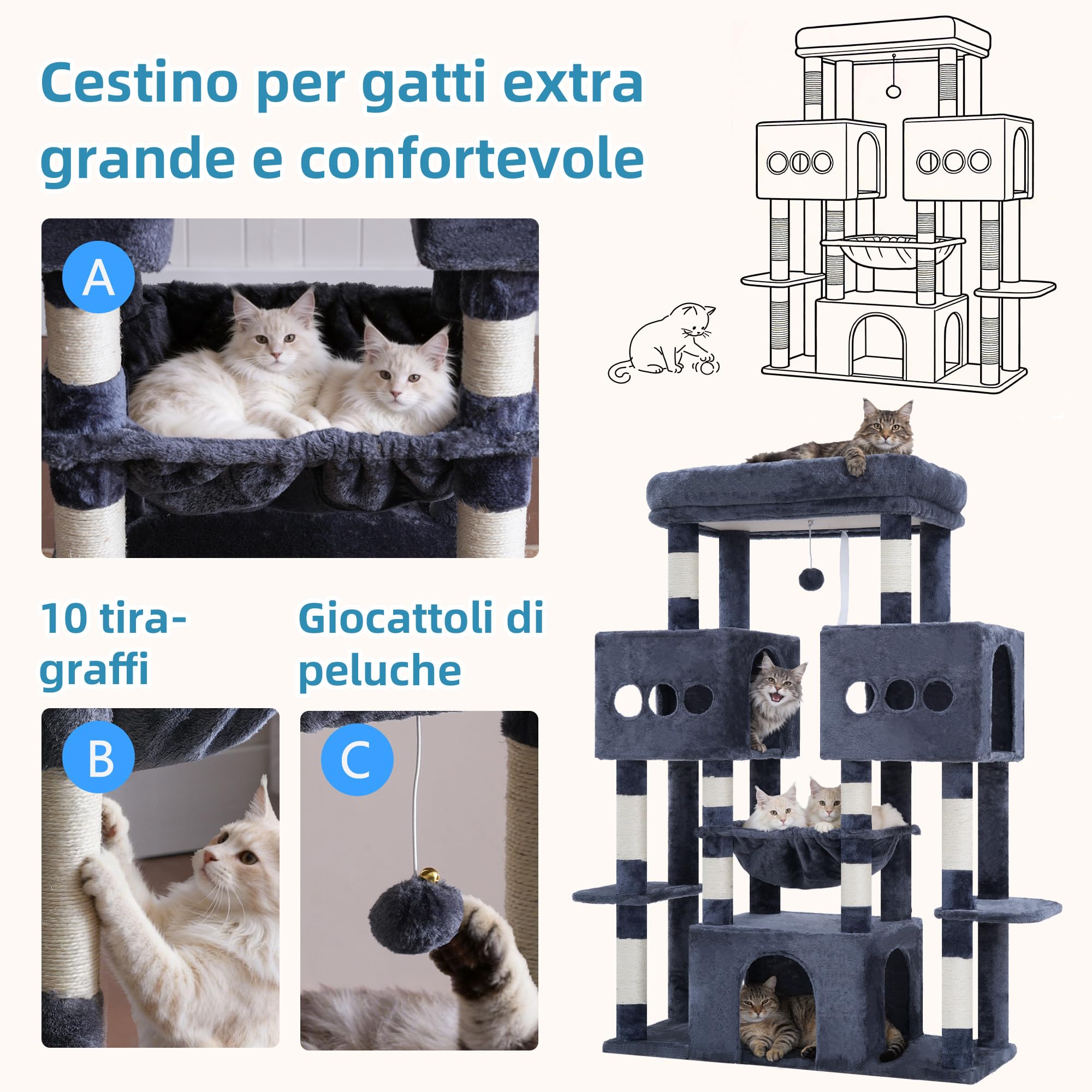 Hey-brother Tiragraffi per Gatti, con Amaca, 3 Cucce grandi, MPJ83G | 144cm Albero per Gatti, Piattaforma spaziosa, Pompon, Ideale per Maine Coon da interno, Grigio Fumo