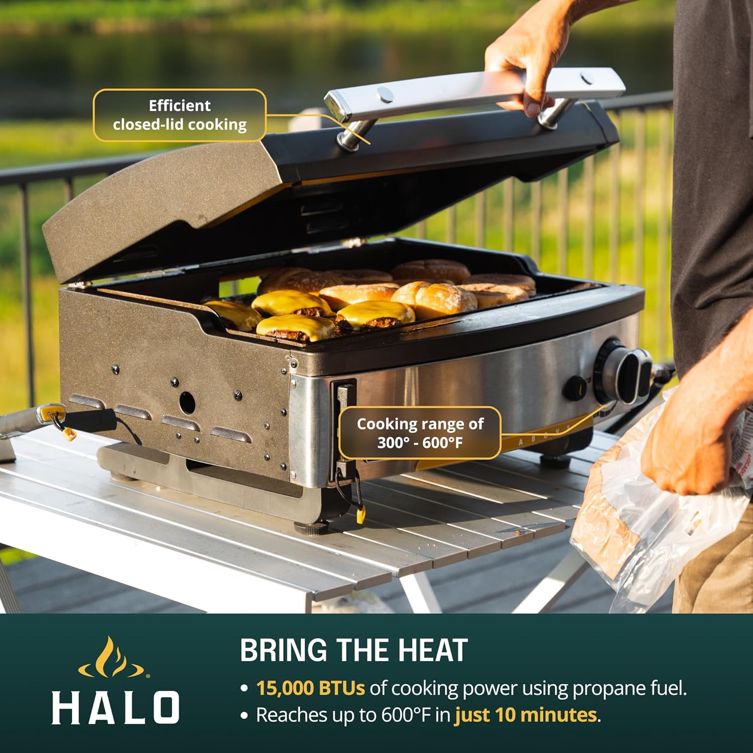 HALO Elite1B Outdoor Griddle | 2 Cooking Zones | 284sq. In. (21″ x 13.53″) Wind-Proof Cooking Surface | Portable Flat Top for Camping, Tailgates, and Patios | Propane Gas Grill | HZ-1007-ANA