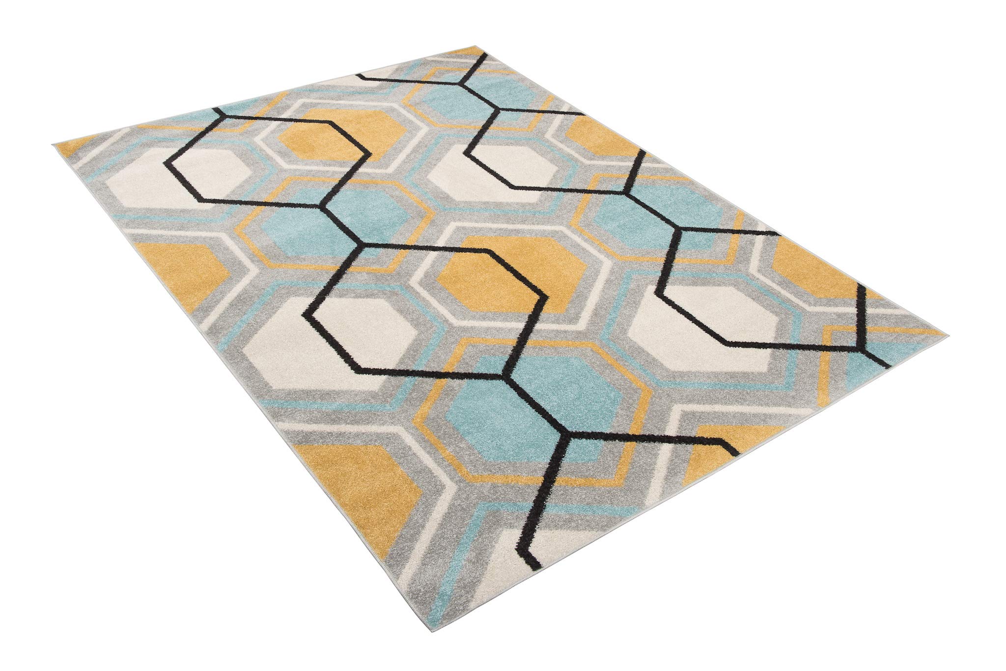 Tapiso LAZUR dywan do salonu, krótkie runo, nowoczesny, geometryczny kratka, szary, kremowy, żółty, jasnoniebieski, do sypialni, Ökotex 180 x 260 cm