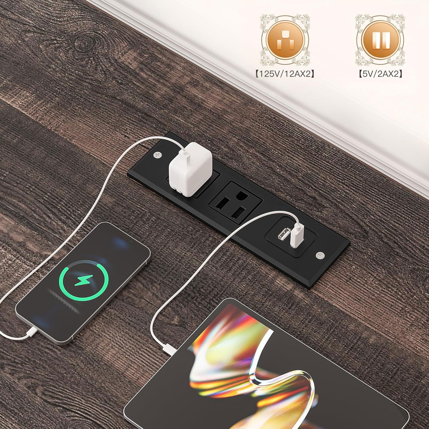 EnHomee 7 Cube Bookshelf Cubby Storage Organizer with LED Lights and Charging Station, Wood Shelf Display Cabinet for Bedroom, Living Room, Office Black Oak