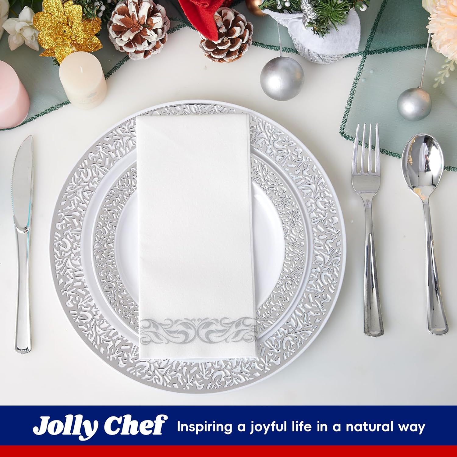 𝟐𝟏𝟎 Count Silver Plastic Dinnerware, Silver Disposable Plates, Includes 30 Dinner & 30 Dessert Plates & 30 Cups & 30 Paper Napkins & 30 Plastic Silverware Set - Image 4