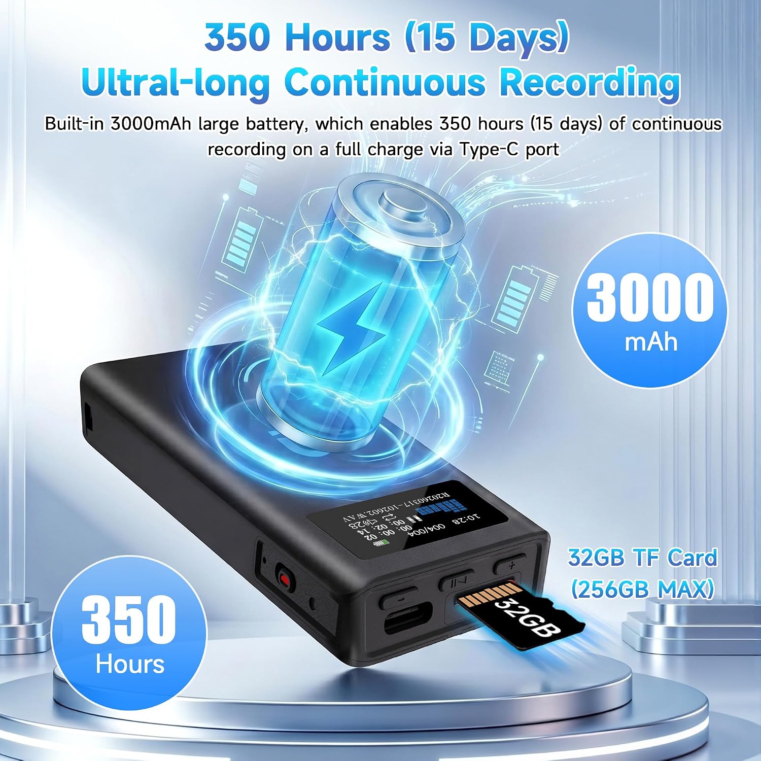 32G Magnetic Voice Activated Recorder, 3000mAh-350Hrs Battery Time | Built-in Speaker Playback, AI Noise Reduction, TF Card Expansion, Metal Housing, Password, For Meetings Interviews Classes