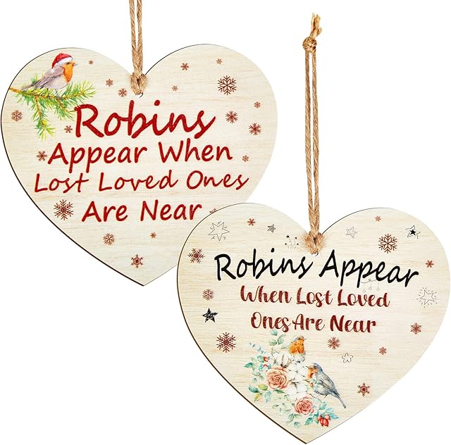 Christmas Decorations Outdoor 2 Pieces Wooden Hearts for Crafts Christmas Tree Wooden Ornaments Hanging Wooden Craft Ornaments Robin Appear When Loved Ones Are Near Memorial Signs for Home Decorations