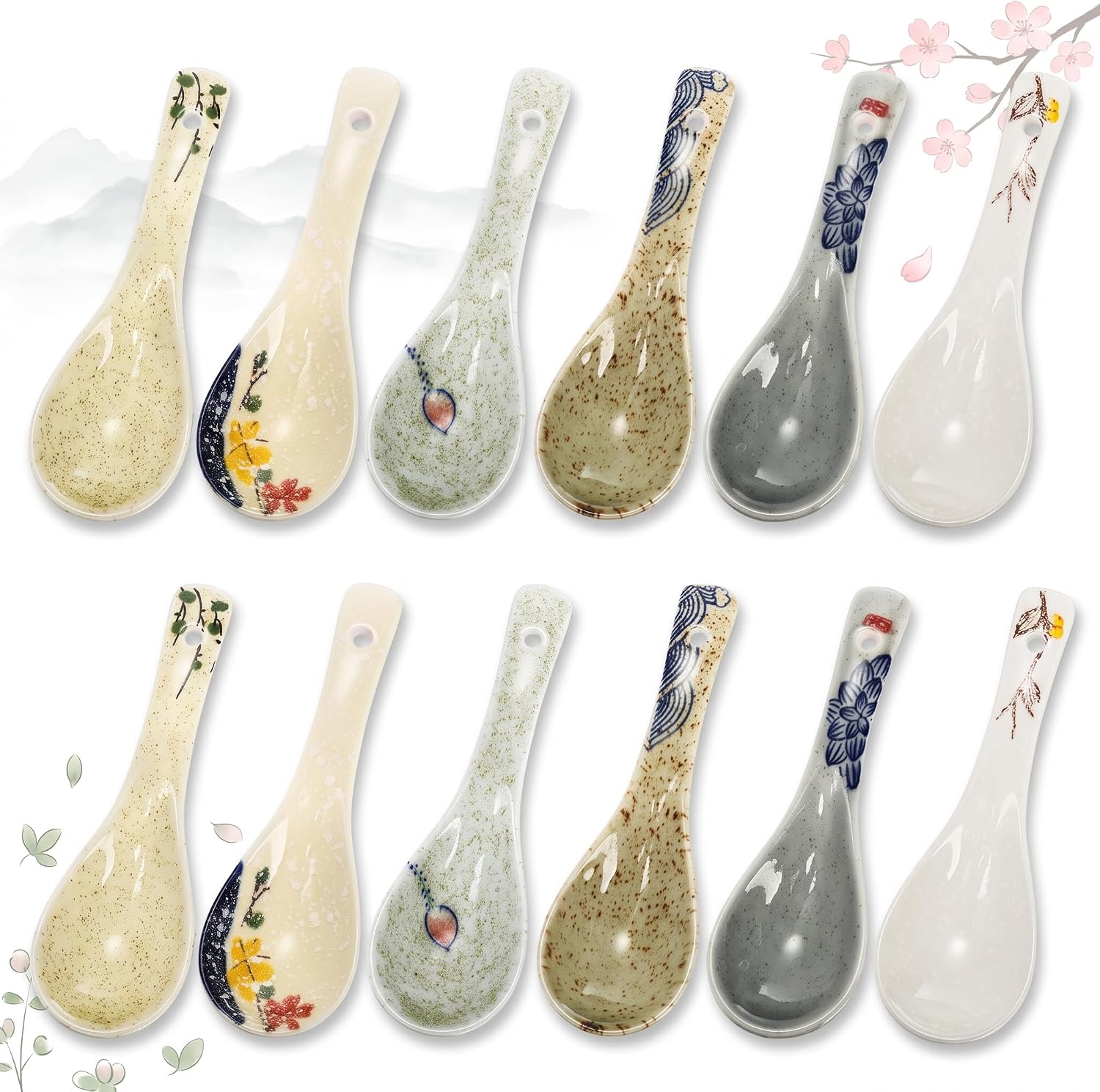 Cididu Set of 12 Asian Soup Spoons Ceramic, Retro Japanese Soup Spoons, Delicate Chinese Serving Spoon, Porcelain Ramen Spoon for Pho Miso Noodles Dessert Wonton Dumpling, Dishwasher Safe, 5.5''L