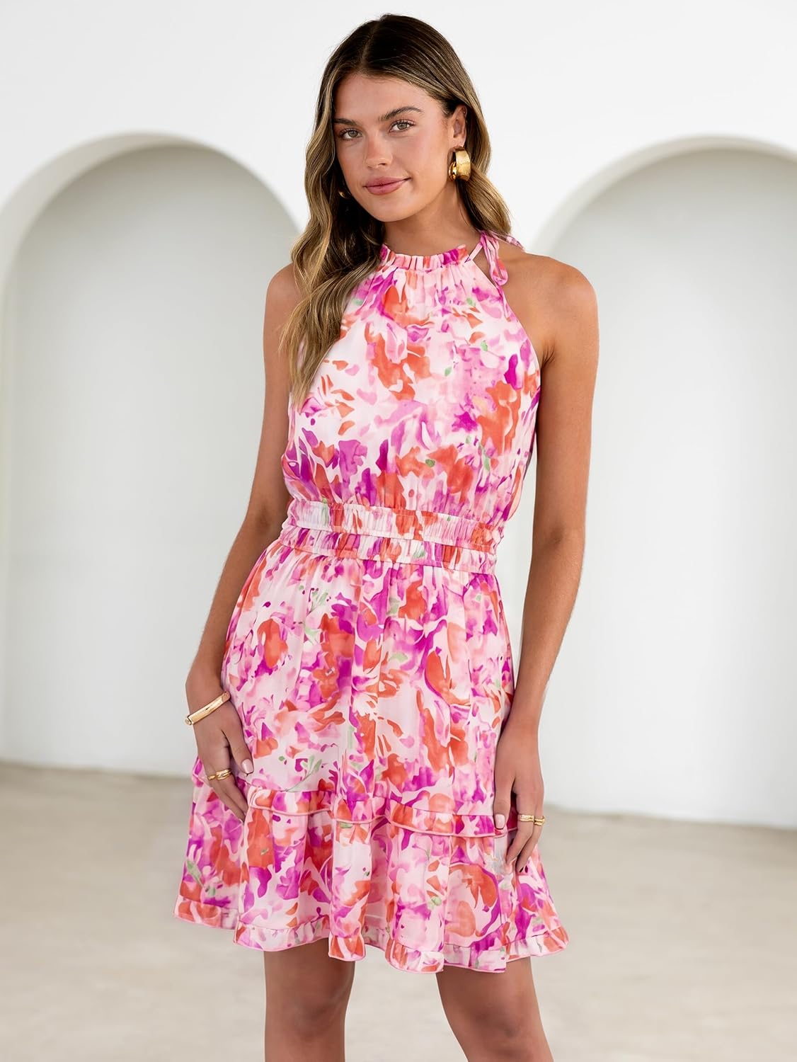 Simplee Womens Floral Summer Halter Dress A Line Sleeveless Emipre Waist Tiered Mini Boho Sundress Beach Vacation Outfits - Image 2