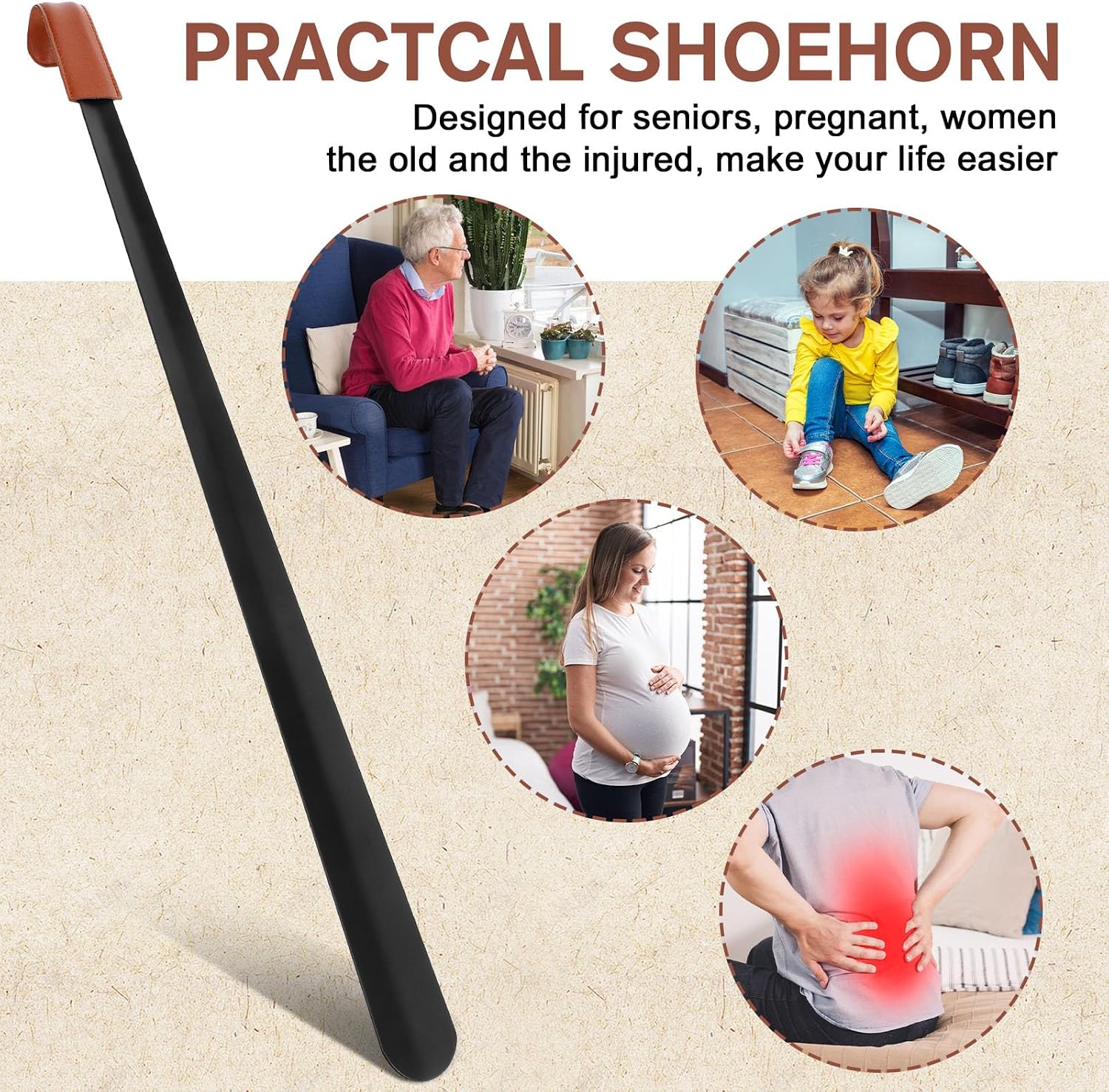 Redriver Metal Shoe Horn Long Handle for Seniors | 28.3'' Extra Long Shoehorn, Shoe Spoon Helpers to Put on Your Shoes for Boots Men Pregnant Women Kids(Brown Handle)