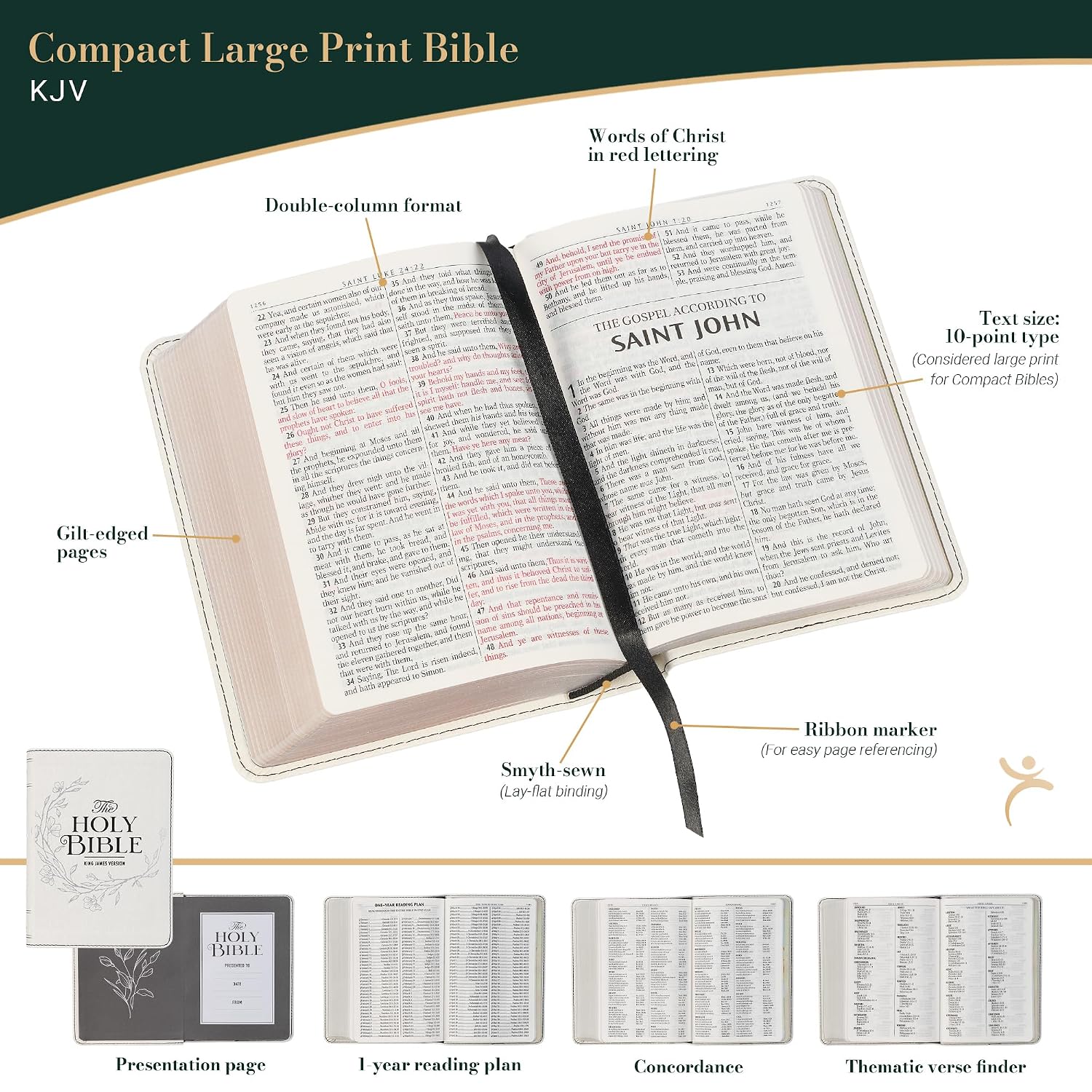 KJV Holy Bible, Compact Large Print Vegan Leather Red Letter Edition - Ribbon Marker, King James Version, Pearlized White (KJV Compact LP Editions)