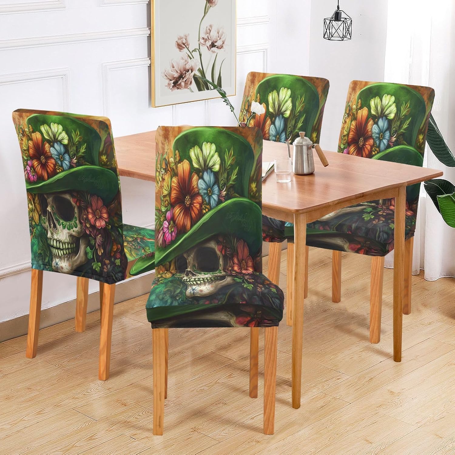 ALAZA Chair Covers for Dining Room, St Patrick's Day Floral Skull Stretch Chair Cover Sets Chair Protector Removable Washable for Ktichen Restaurant Hotel