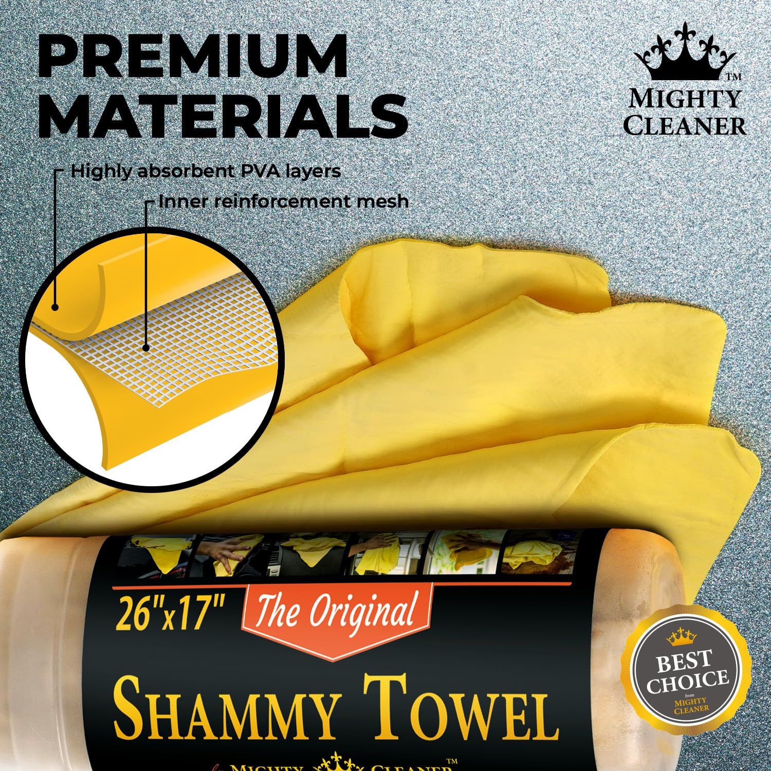 Mighty Cleaner Premium Fensterleder zum Trocknen von Autos, 66 x 43,2 cm, super saugfähiges, wiederverwendbares Shammy-Handtuch für das Auto + Aufbewahrungsröhre, kratzfreies Auto-Handtuch