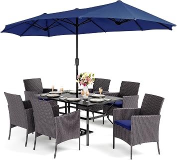 PHI VILLA 7pc Patio Dining Set w/Umbrella, Rectangular Table, Rattan Chairs