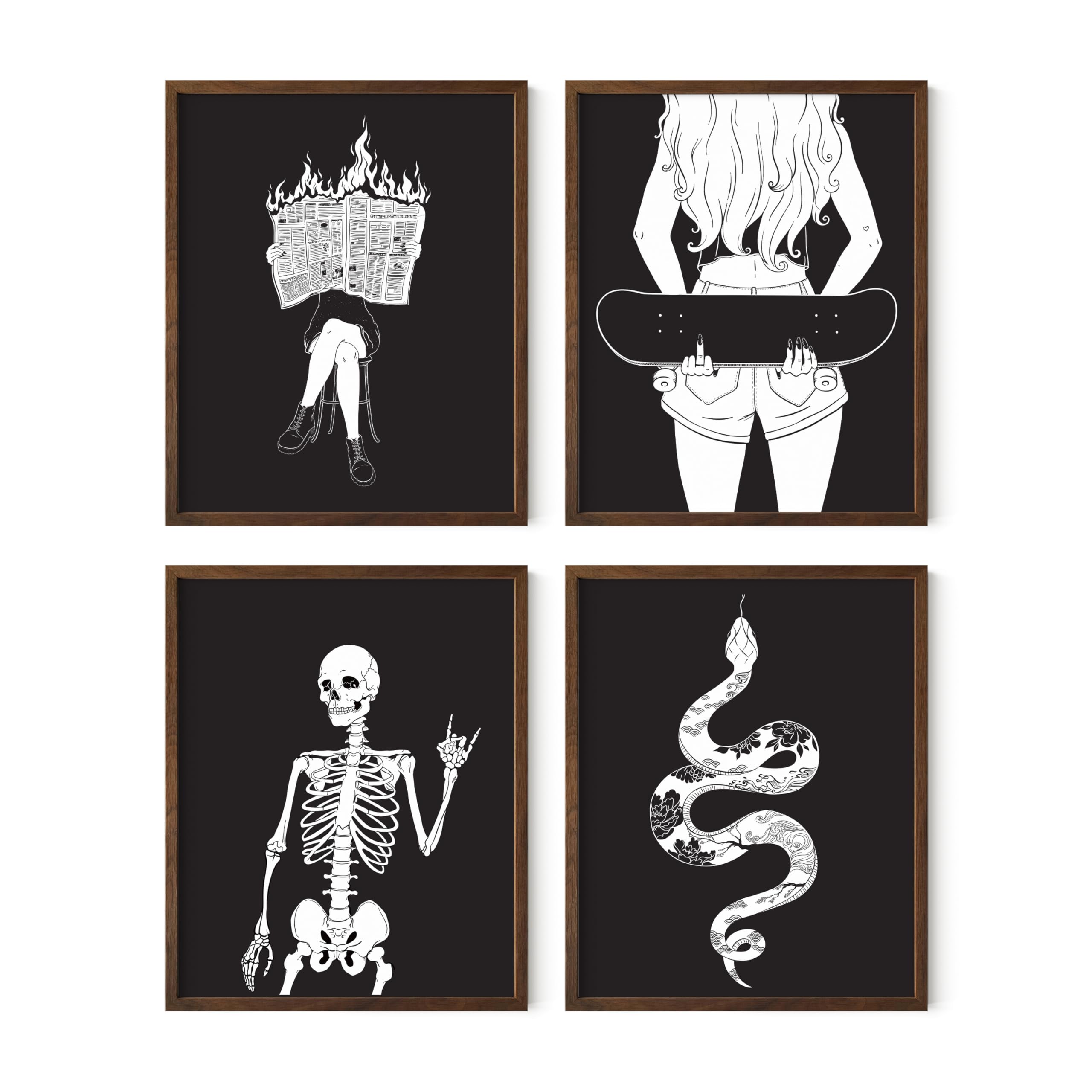 HAUS AND HUES Gothic Wall Art Prints Set of 4 - Halloween Posters for Bedroom or Office, Dark Academia Wall Decor, Witchy Wall Decor, Skeleton Wall Art, Gothic Art and Halloween Prints (8x10 UNFRAMED)
