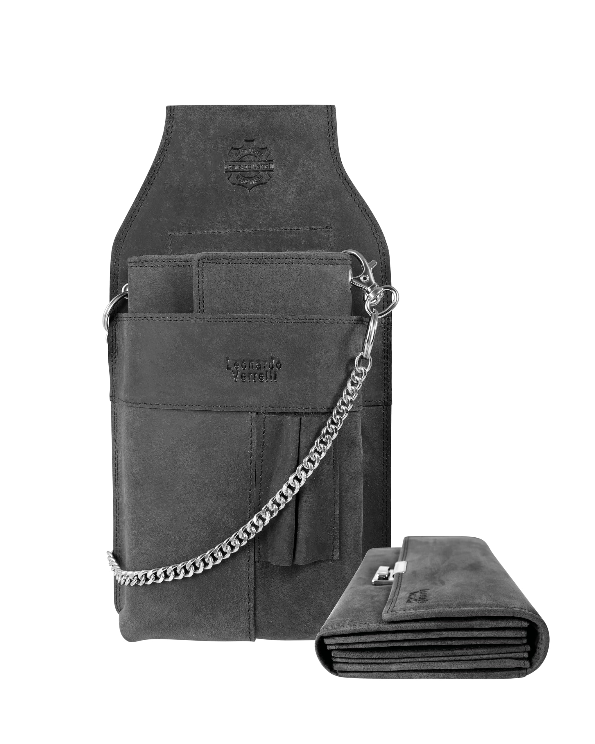 Kellner-Geldbörse aus Leder mit großem Münzfach Damen Herren Portemonnaie mit oder ohne Holster und Kette (Schwarz)