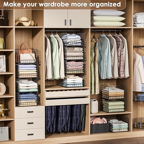 Miniatura 6 de Organizadores apilables de armario y cestas de almacenamiento, organizador de estante de armario de 4 niveles para espacios pequeños, cajón de