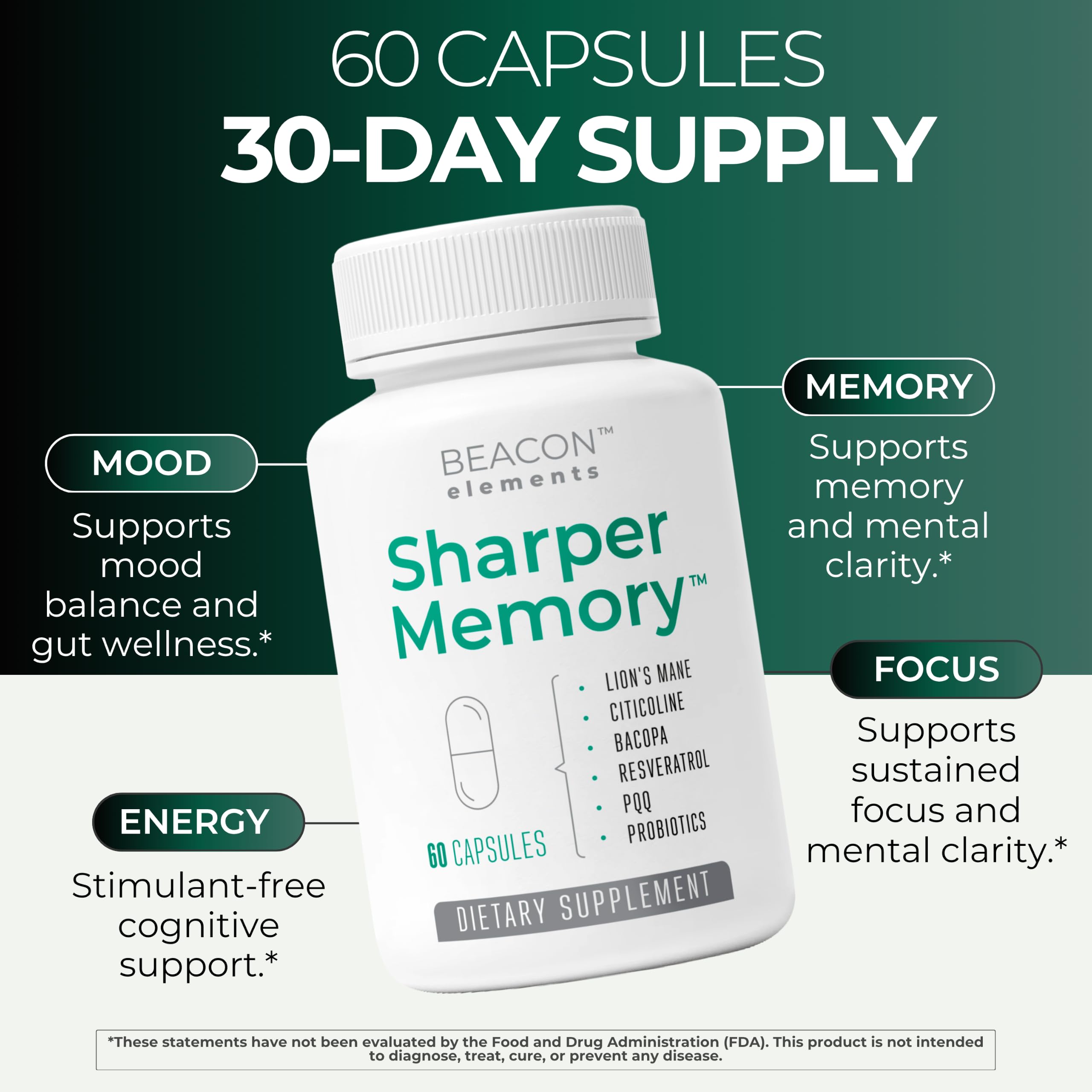 Sharper Memory™ Brain Supplement for Memory & Focus | Nootropic Formula for Brain Wellness with Lion’s Mane, Citicoline, Bacopa, PQQ, Resveratrol & Probiotics | 60 Capsules — Amazon image 3