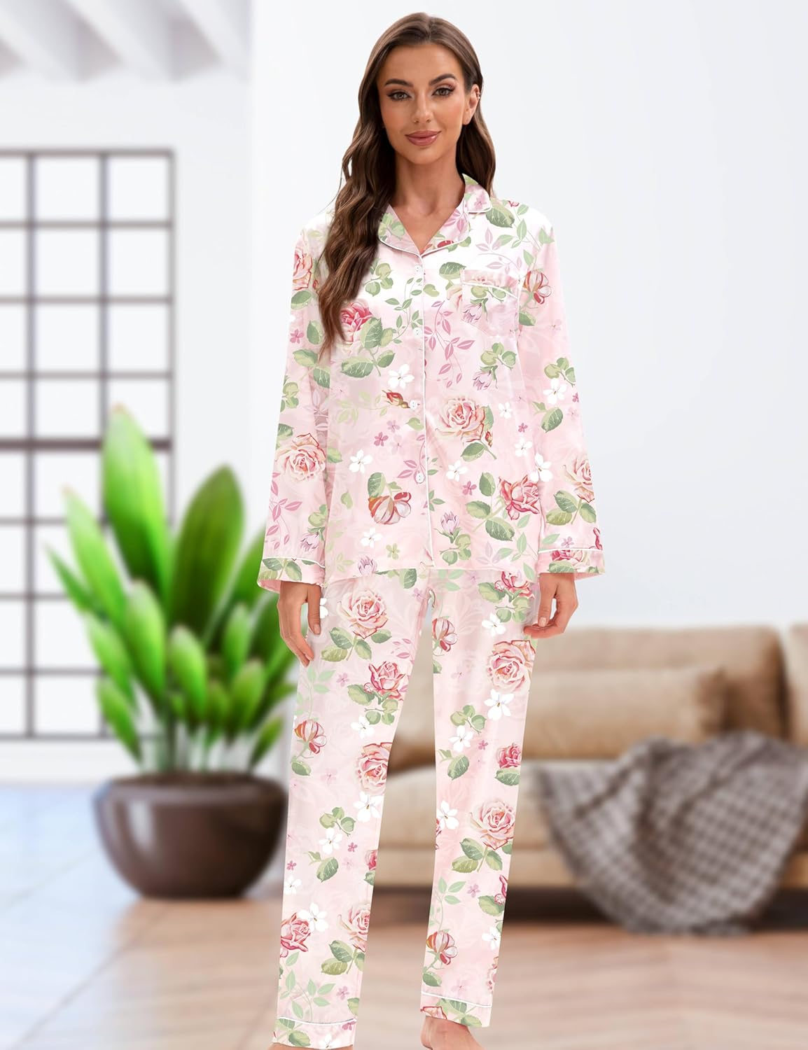 EPLAZA Silk Pajamas for Women Satin Pajamas Set 5 Pcs Long Sleeve Print Pattern Button Down Pjs Sleepwear Loungewear Set - Image 3