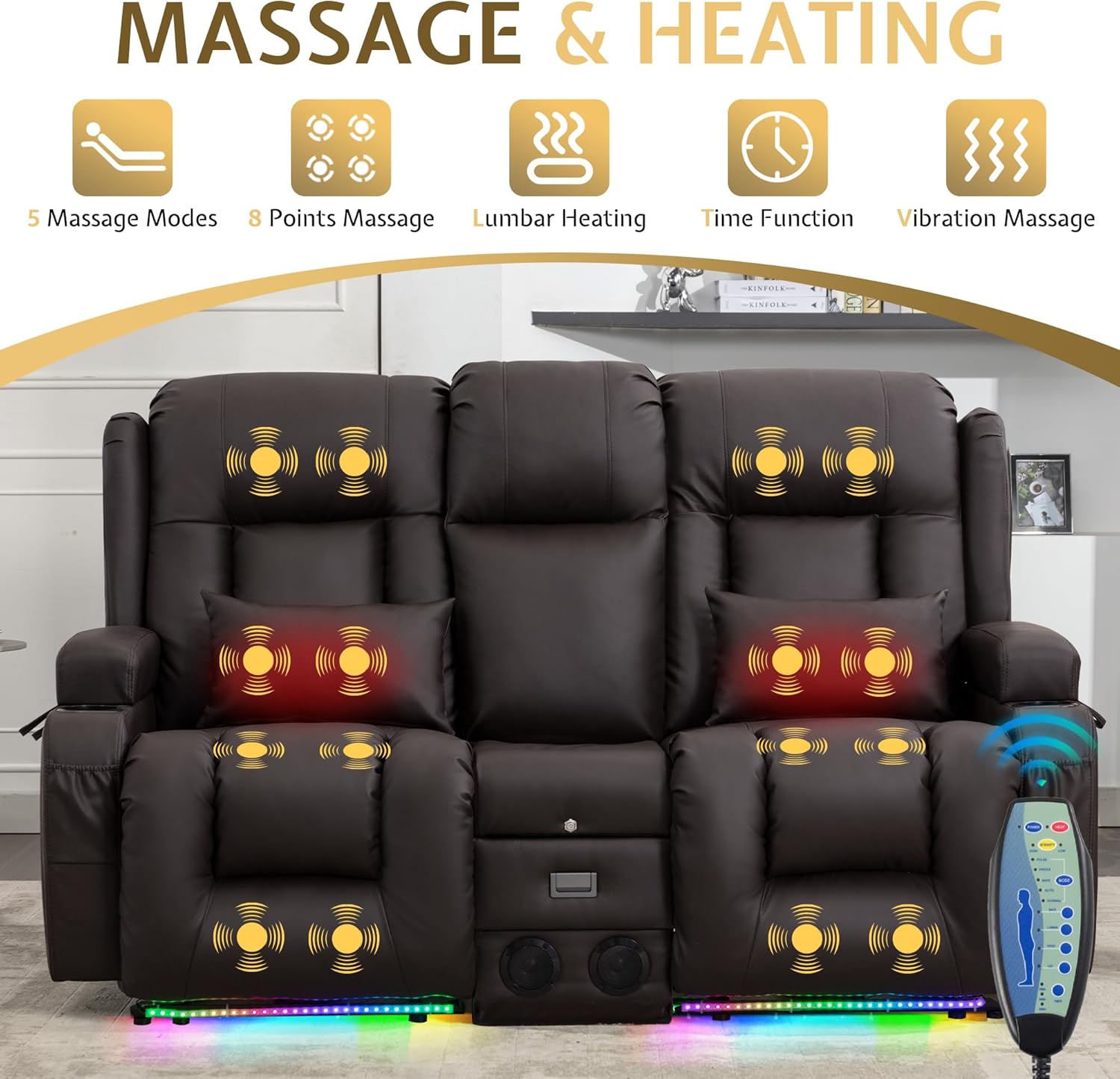 URRED Power Reclining Loveseat Sofa with Console, RV Couch Loveseat Recliner Sofa with Massage & Heat, LED Light, Cupholders, Bluetooth Speakers, USB Charge Ports, Outlets, Faux Leather, Dark Brown