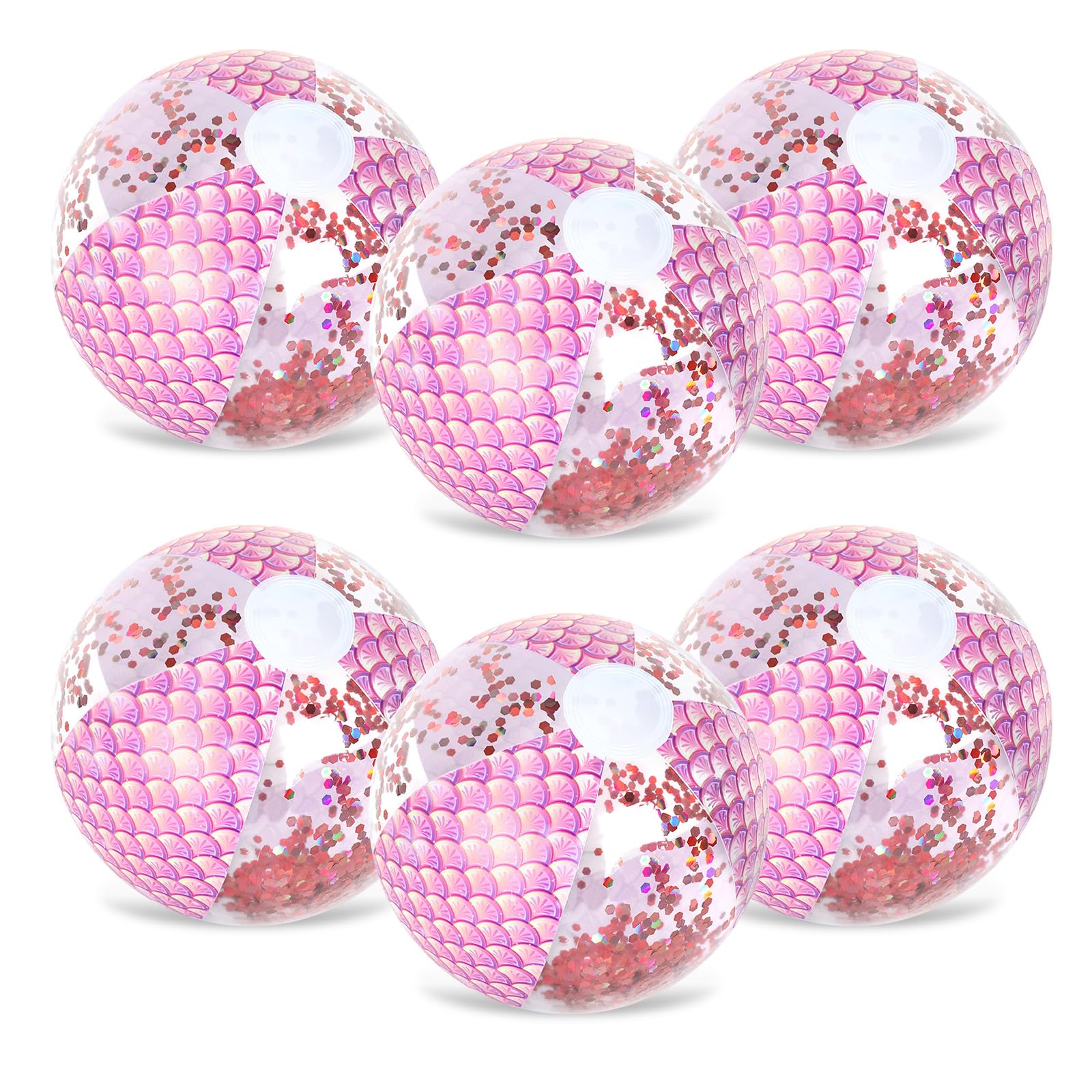 Whaline 6Pcs 16'' Mermaid Inflatable Beach Ball Pink Glitter Pool PVC Balls Game Toys for Summer Hawaiian Tropical Theme Beach Party Decorations Water Sand Game Accessory