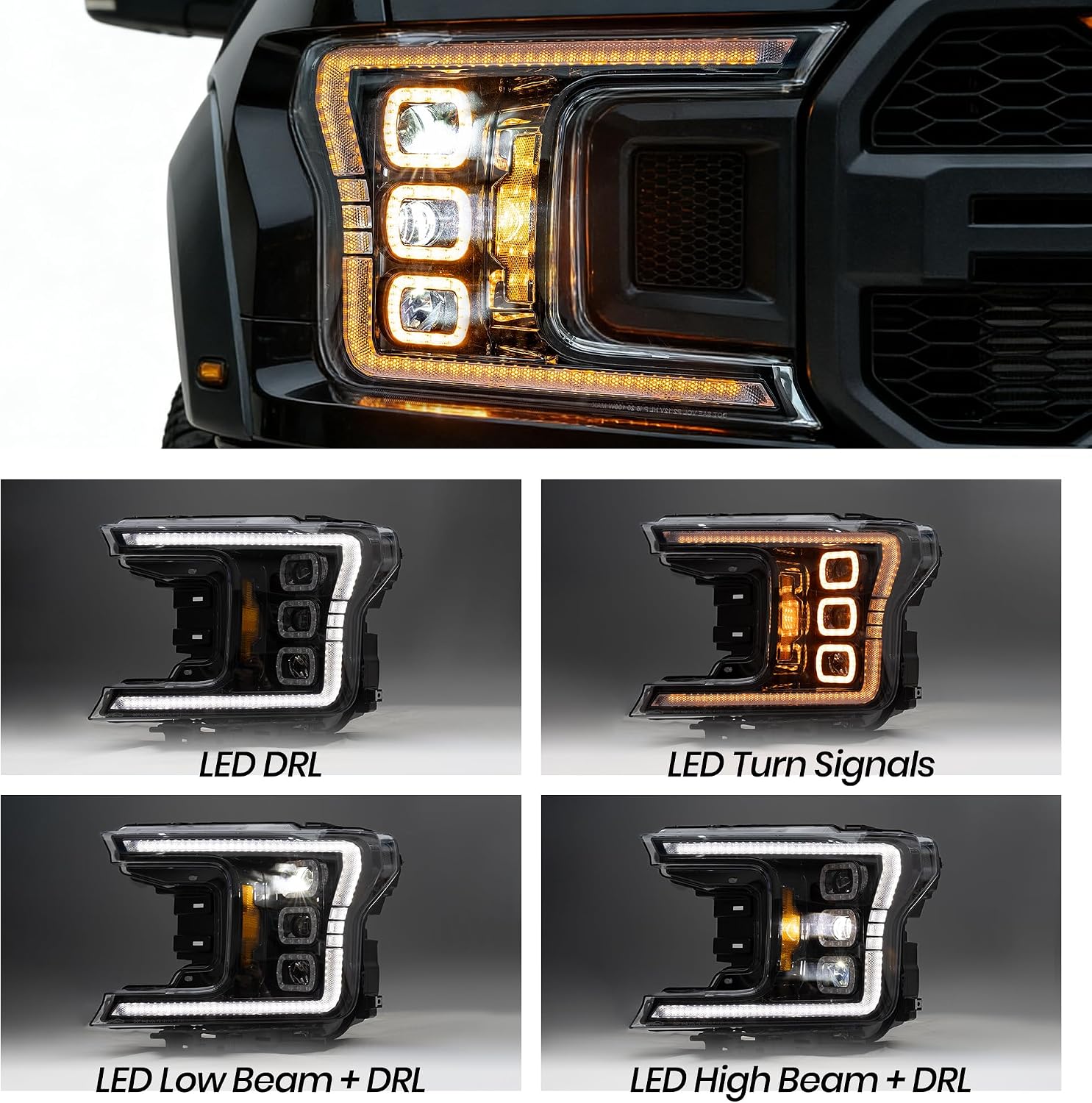 Projector Led Headlights Assembly Compatible with Ford F150 2018-2019, w/Led Turn Signal, Led DRL, Side Marker, Plug & Play, CREE LED Chips, Passenger and Driver Side, Classic Style