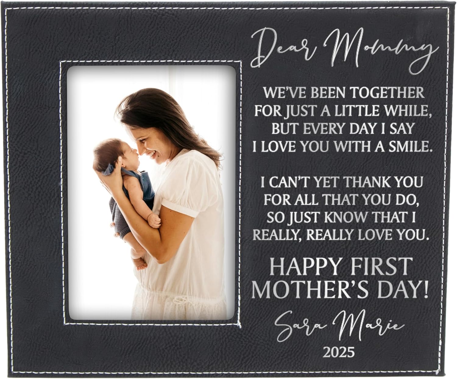 Personalized Mother's Day 2025 Picture Frame, Dear Mommy Vegan Leather Photo Frame, Customizable First Mother's Day Gift, Gift to Mom from Baby (Black/Silver)