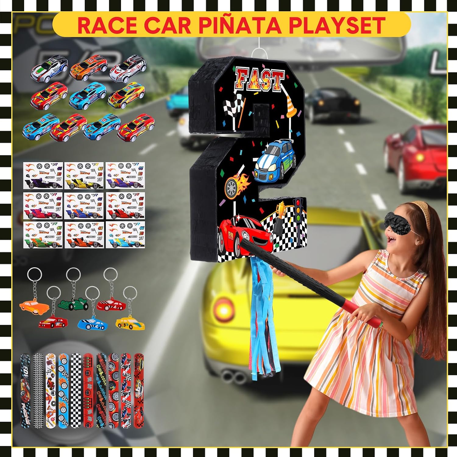 Pasimy Number 2 Piñata Race Car Party Favors Set with Black Red Birthday Piñata Stick Blindfold Slap Bracelet Keychain Sticker Racecar Party Gifts Birthday Decorations Goodie Bag Stuffer Supplies