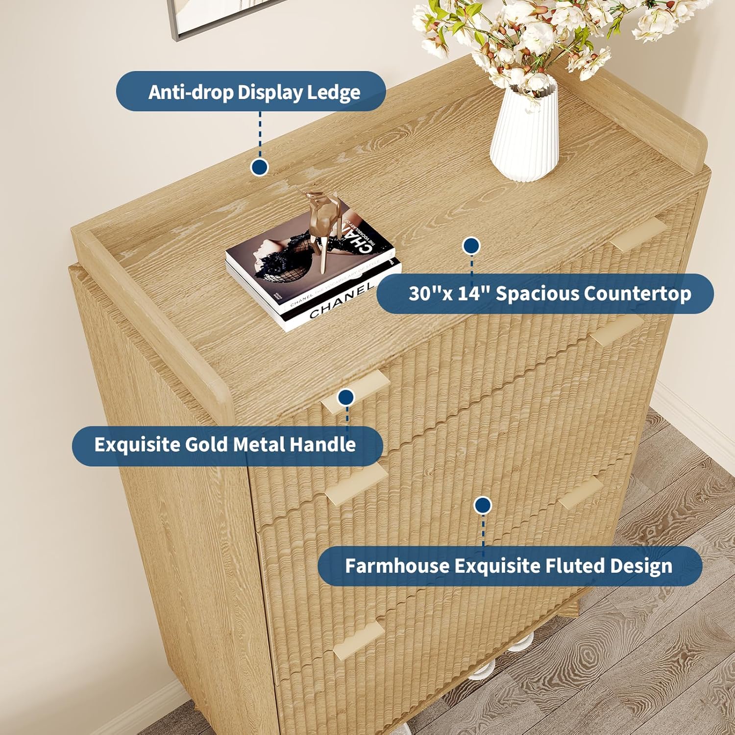 Garvee Fluted Wood Shoe Storage Cabinet for Entryway with 2 Flip Drawers & Adjustable Shelves, 48" Tall Freestanding Hidden Narrow Shoe Organizer Rack with Top Drawer for Hallway, Living Room