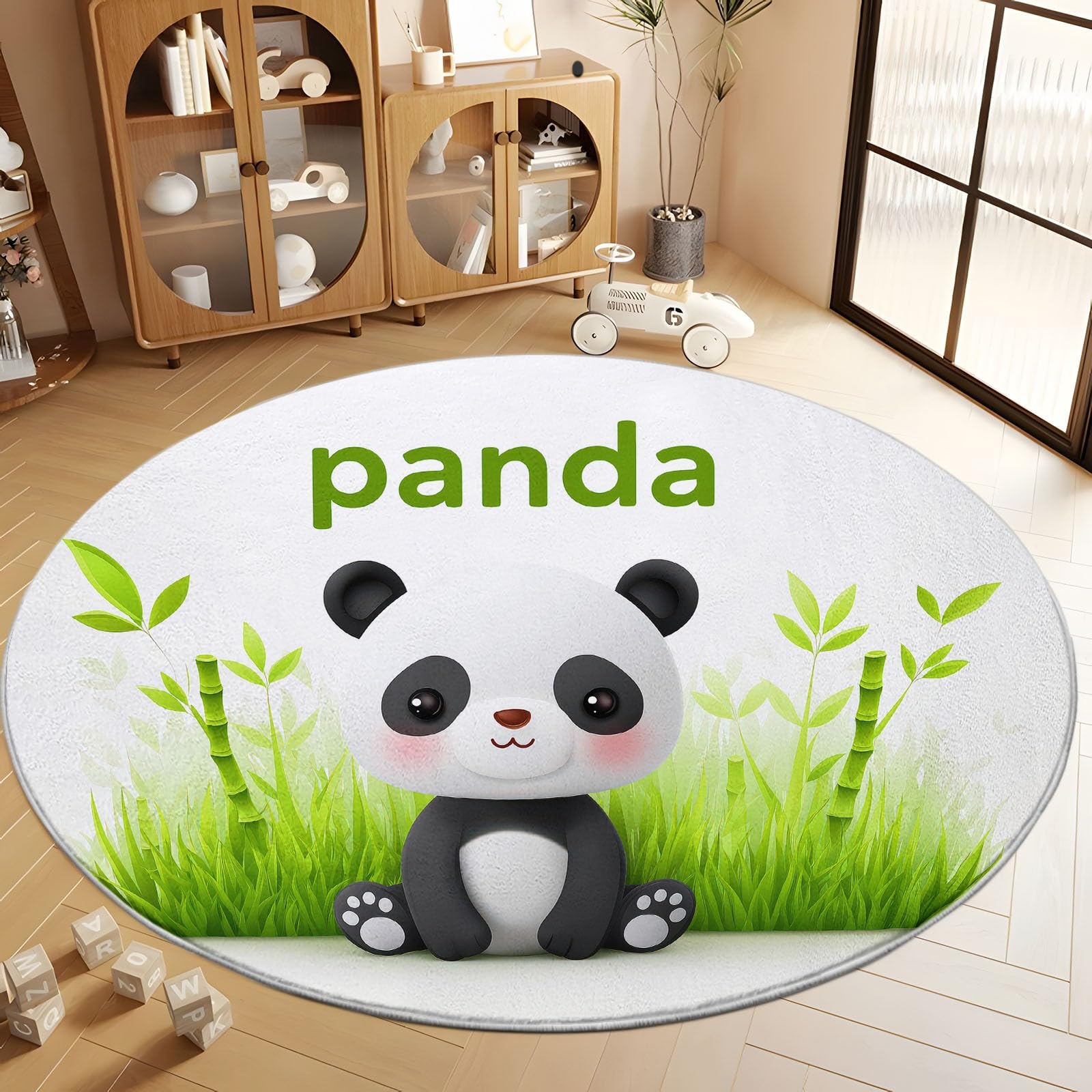Tiere Panda Grünes Gras Buchstaben Waschbarer Teppich Wohnzimmer 120 cm, Cartoon Rutschfester Bedruckter Runder Teppich - Antibakteriell Küchenteppich für Schlafzimmer Flur Esszimmer Spielzimmer