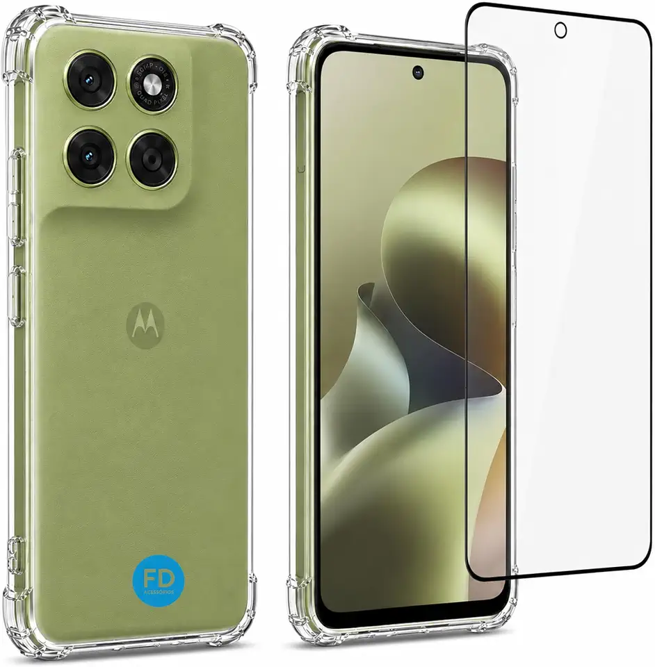 Kit Capa Capinha Anti-Impacto Premium Transparente + Película de Cerâmica 9D para Motorola Moto G75.