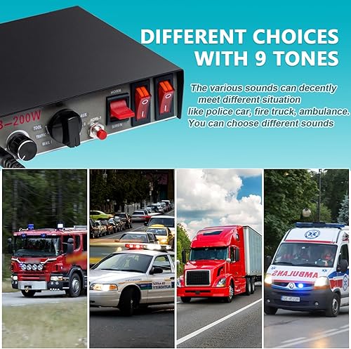 Vista 12 de Sirena de bocina de alarma de 12 V 200 W, sistema PA para automóvil, sirenas delgadas [18 tonos] [120-130 dB] [Micrófono inalámbrico] Sirena