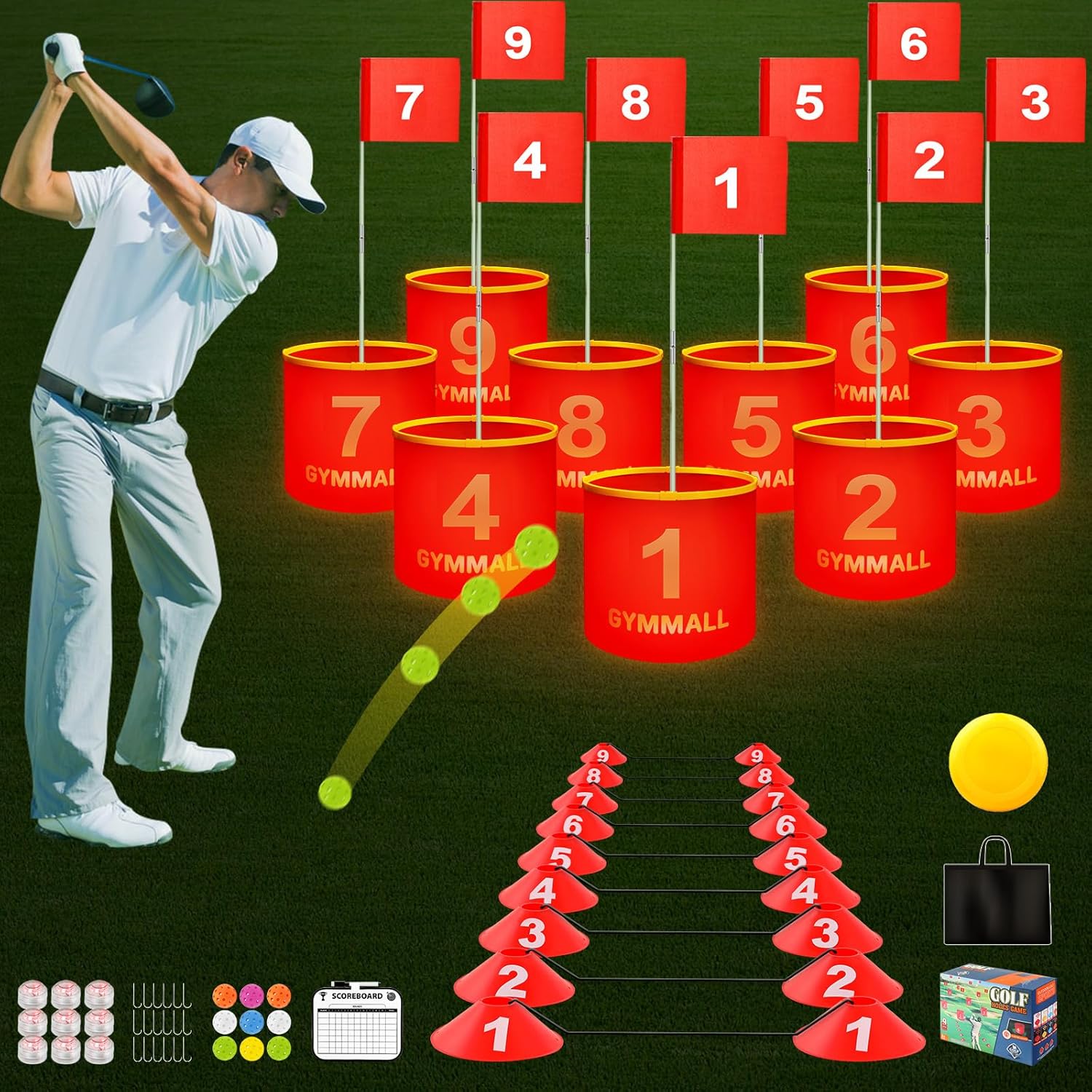 Golf Yard Bucket Games, 9 Holes Bucket Backyard Golf Game Set with LED Light and Flags for Adults & Kids Indoor Outdoor, Golf Practice Gift for Backyard, Park, Beach and Lawn