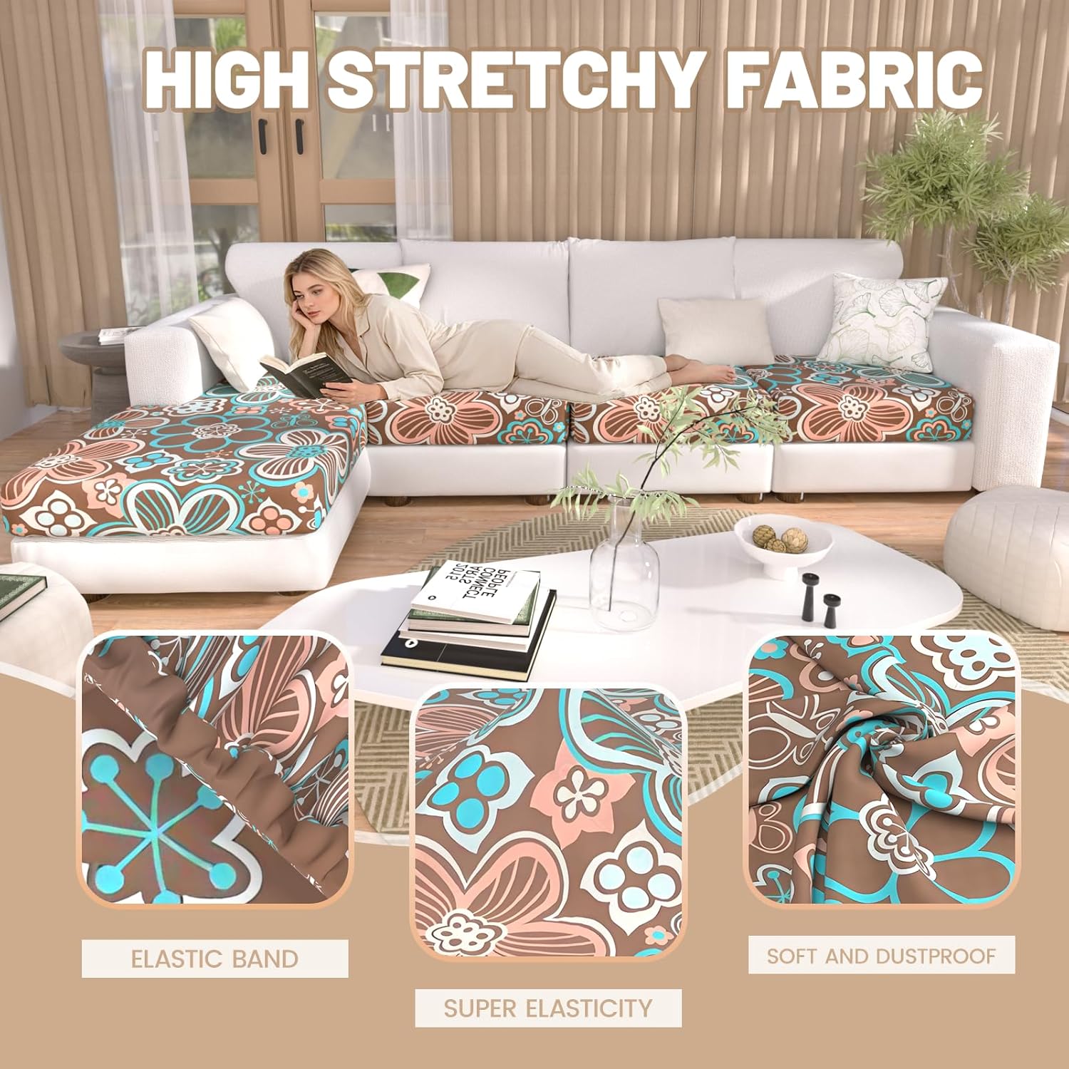 4 Pieces Couch Cover for Sectional Sofa with Chaise,Left/Right L Shape Sectional Couch Covers Stretch Sofa Slipcover Furniture Protector Washable for Living Room(3 Seater+1 Chaise,Leaves)