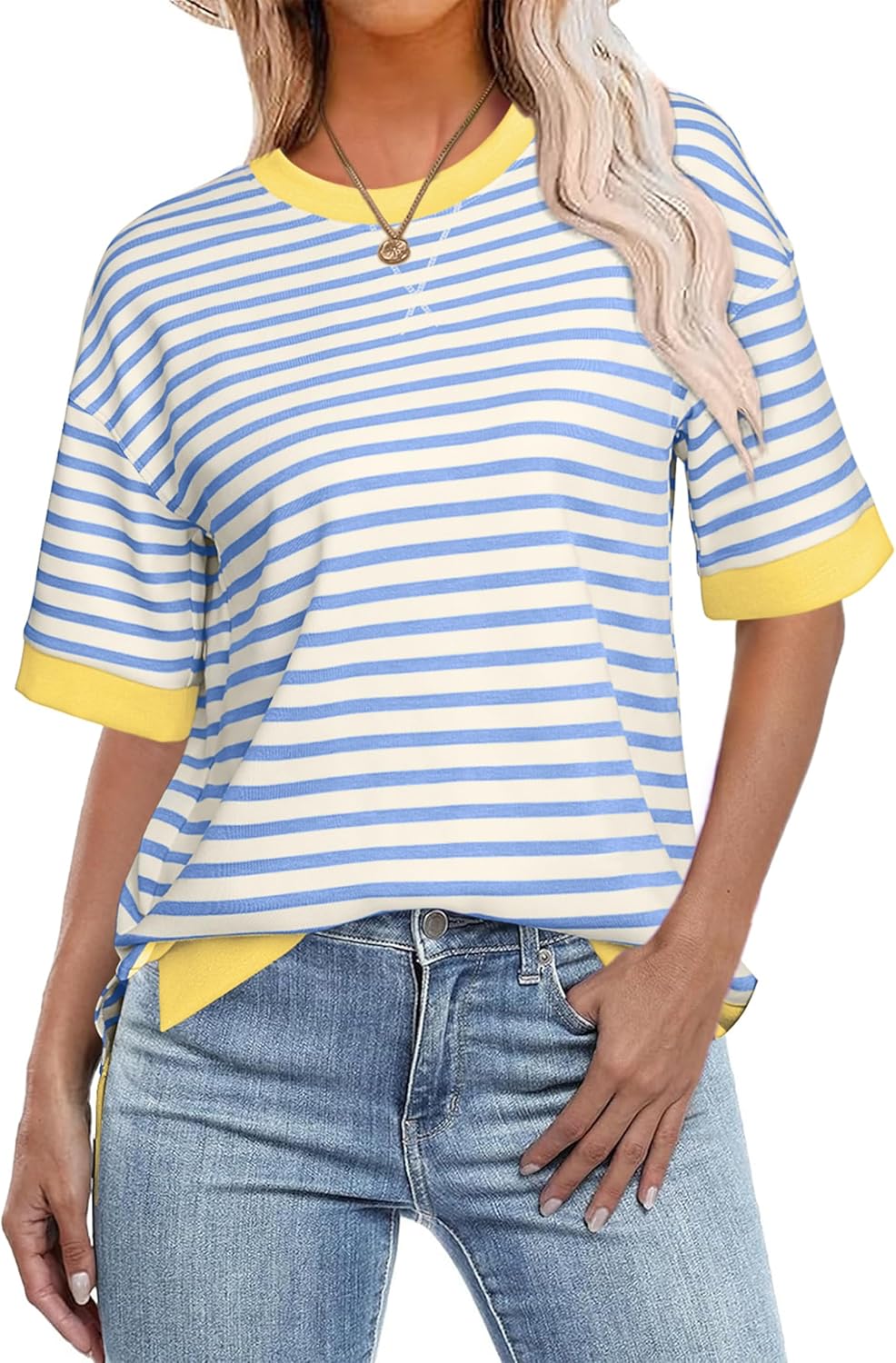 Glamaker Short Sleeve Lightweight Sweatshirt for Women Crewneck Striped Shirt Pullover Tops Loose Blouses